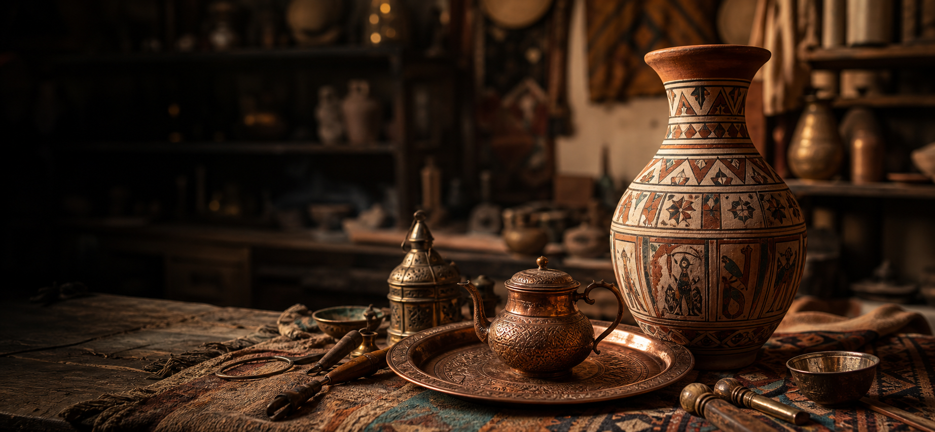 فخار ونحاس مصري على طاولة ورشة تراثية